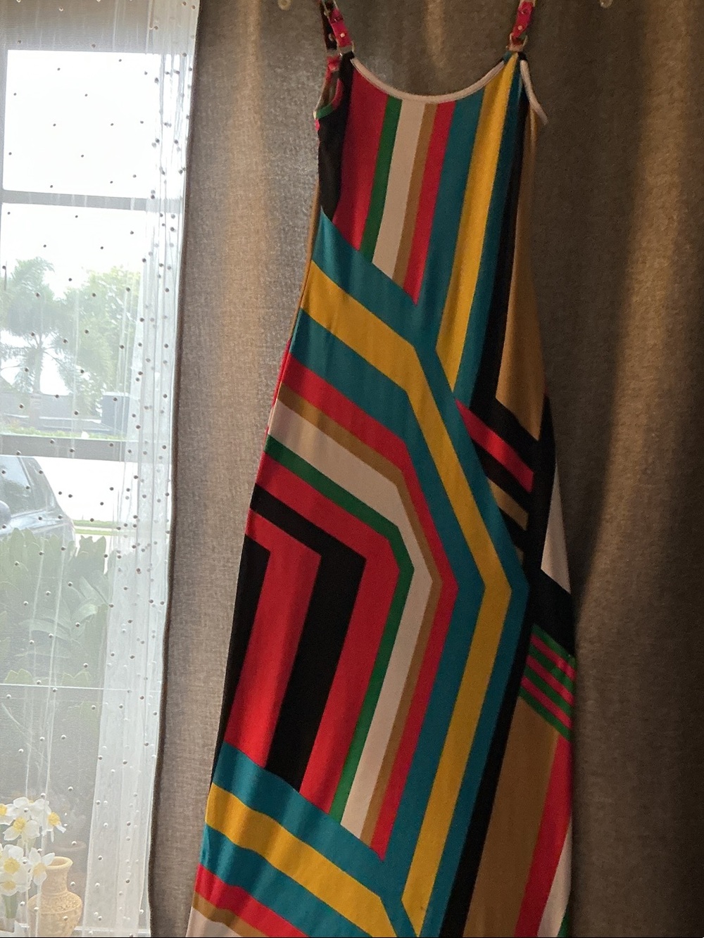 Cache Vibrant Stripe Geometric Maxi Dress in Teal, Yellow & Red